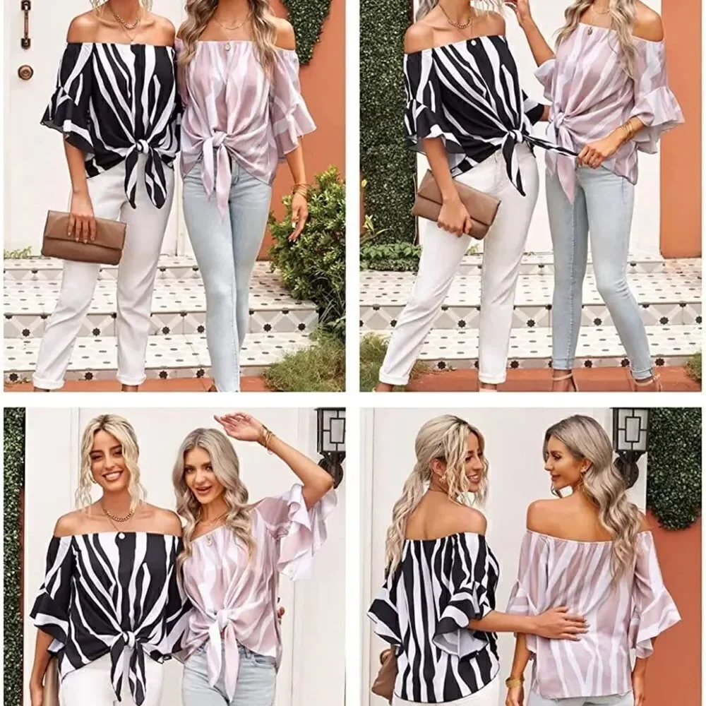 Asvivid Pink & White Off The Shoulder Top Flare Sleeve Tie Knot Blouses Size 2X